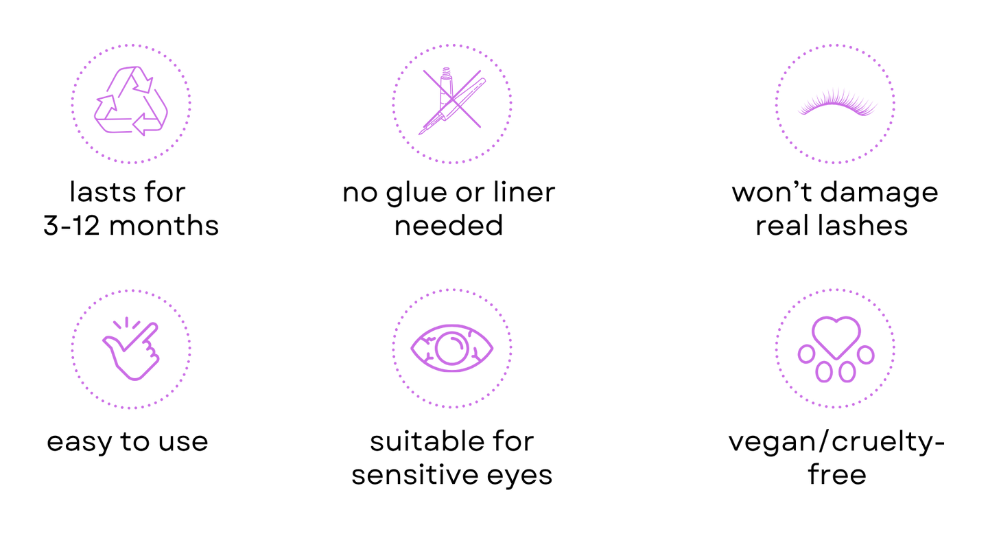 Baybella magnetic lash benefits: lasts 3-12 months, no glue or liner, won't damage real lashes, easy to use, suitable for sensitive eyes, vegan and cruelty-free